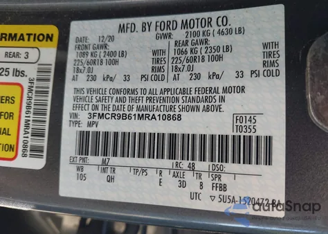 2021 Ford Bronco Sport Big Bend из США, поврежденный, VIN 3FMCR9B61MRA10868